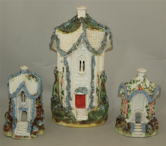 A rare large Staffordshire porcelain cottage pastille burner and two similar smaller examples, mid 19th century, 16 - 29cm